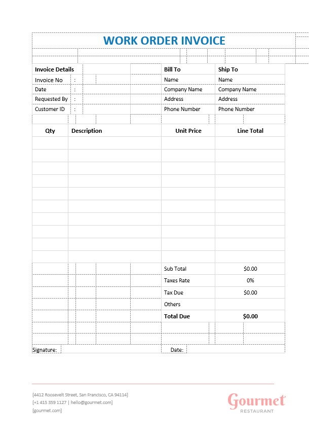 Restaurant Work Order Invoice Template PSD template